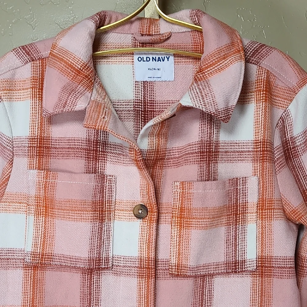Old Navy Pink and Orange Peach Plaid Shacket Shirt Jacket Girls XL(14-16)